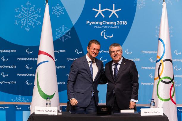 IPC President Andrew Parsons (L) and IOC President Thomas Bach in PyeongChang © • Lieven Coudenys