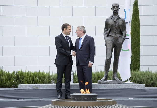 French President Emmanuel Macron (left) meets with IOC President Thomas Bach at Olympic Museum July 10, 2017 (IOC Photo)