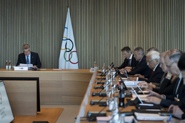 IOC President Thomas Bach (left) meets with his Executive Board in Lausanne, Switzerland to discuss COVID-19 Coronavirus threat, and other topics on March 3, 2020 (IOC Photo)