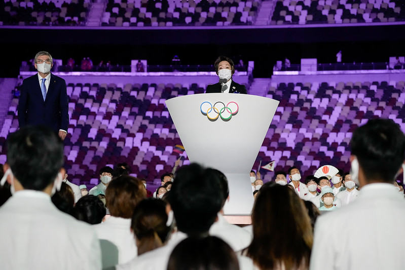 IOC President Thomas Bach (left) and Tokyo 2020 President Hashimoto Seiko on podium at Tokyo 2020 Olympic Games Opening Ceremony July 23, 2021 (IOC Photo)