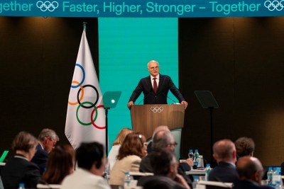 Chair of IOC Future Host Commission for Winter Games Karl Stoss presents at 141st IOC Session in Mumbai, India 15 October 2023 (Photo: IOC/Greg Martin)