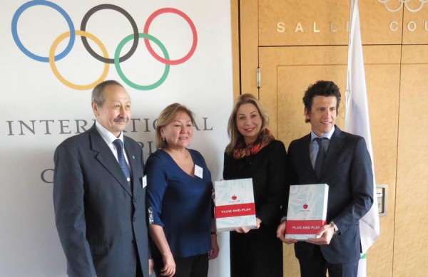 (L to R) Secretary General of National Olympic Committee of the Republic of Kazakhstan, Timur Dossymbetov, Vice Mayor of Almaty City, Mrs. Zauresh Amanzholova, IOC's Head of Bid City Relations Jacqueline Barrett and IOC Games Executive Director Christoph Dubi (Photo: Almaty 2022)