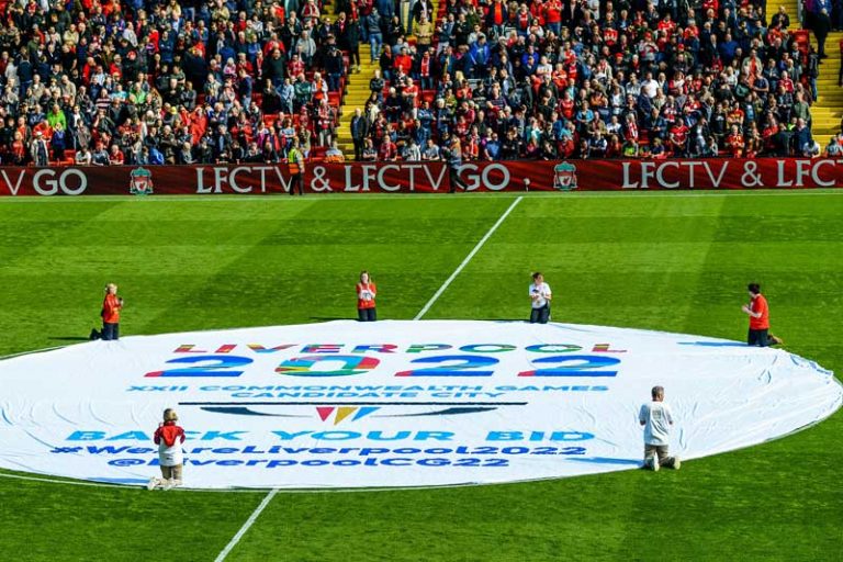 A banner celebrates the Liverpool 2022 Commonwealth Games bid at Anfield Pitch (Liverpool 2022 Photo)