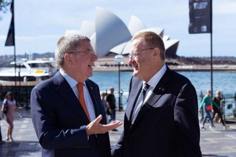IOC President Thomas Bach chats with Australian Olympic Committee President John Coates as Australia mulls 2032 Olympic bid (IOC Photo)