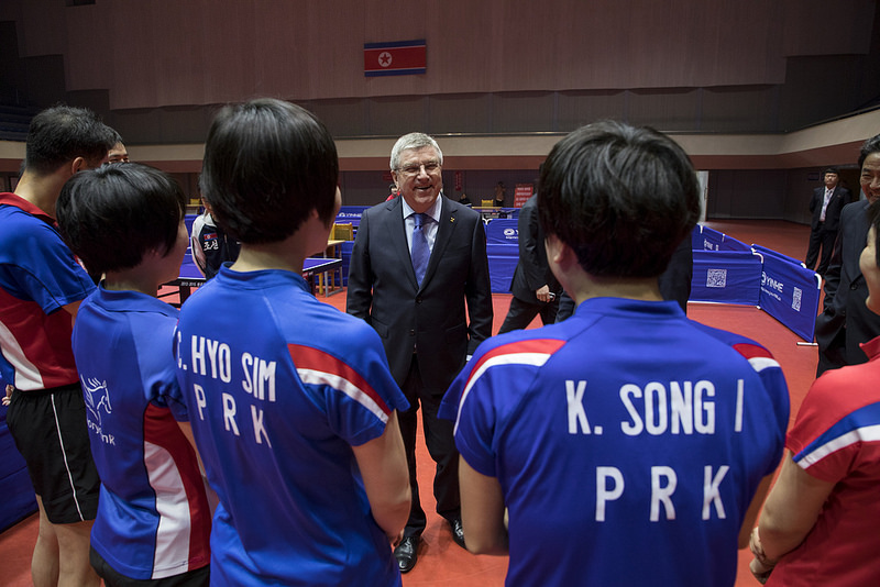 IOC President Bach visits the Table Tennis centre in the Sports village in Chongchun Street, Pyongyang - March 30, 2018 (IOC Photo)