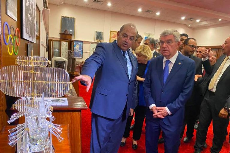 Egyptian Olympic Committee (EOC) president Hisham Hattab takes IOC president Thomas Bach on tour of Olympic Museum at EOC headquarters, September 24, 2022 (EOC/Facebook Photo)