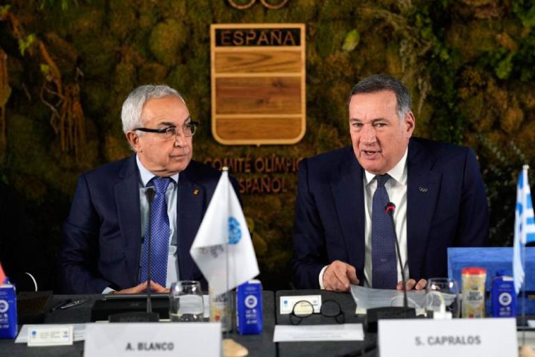 President of the European Olympic Committees Spyros Capralos (right) and Spanish Olympic Committee president Alejandro Blanco at EOC Executive Committee Meeting in Madrid February 6, 2024 (EOC Photo)