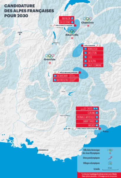 French Alps 2030 Winter Olympics draft venue plan November 7, 2023 (CNOSF Image)