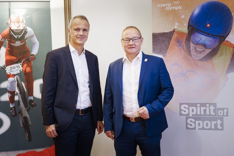 Swiss Olympic director Roger Schnegg and president Jürg Stahl speak to media about Swiss Olympic and Paralympic Winter Games bid November 15, 2023 ©Swiss Olympic