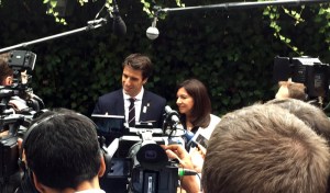 Paris Mayor Anne Hidalgo (right) and Paris 2024 Co-Chair Tony Estanguet speak to French Press at Lausanne Palace Hotel (GamesBids Photo)