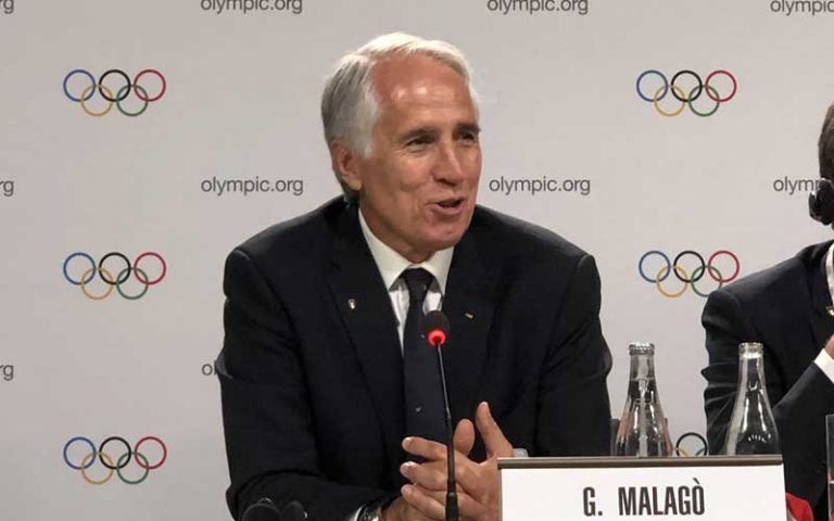 Milan-Cortina Bid Chief Giovanni Malago speaks to the press in Lausanne, Switzerland June 24, 2019 (GamesBids Photo)