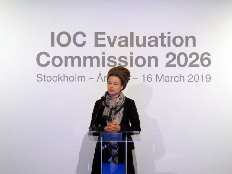 Sweden's Sport Minister Amanda Lind speaks to IOC Evaluation Commission March 15, 2019 (GamesBids Photo)