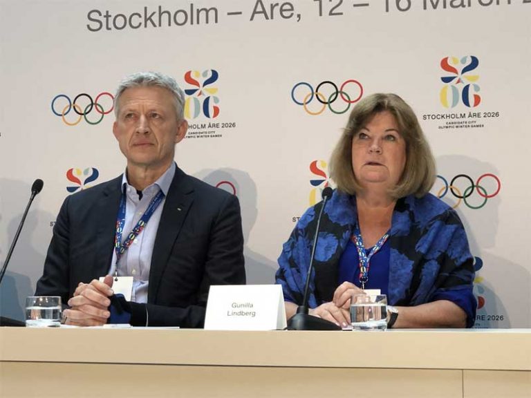 IOC Evaluation Commission Chair Octavian Morariu (left) and Swedish Olympic Committee Secretary General Gunilla Lindberg discuss Sweden's 2026 Olympic bid with media (GamesBids Photo)
