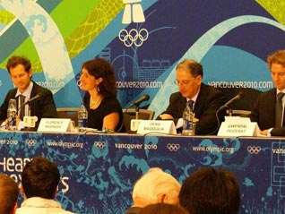 L to R:  Edgar Grospiron, CEO Annecy 2018;  Florence Masnada, Olympic Medalist; Denis Masseglia, President of French NOC; Gwendal Peizerat, Olympic Champion.  Photo: Annecy 2018