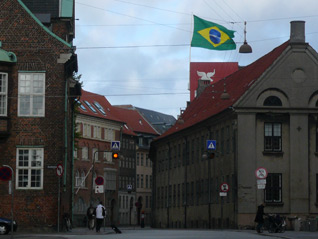 A large Brazilian flag waves over Rio House in Copenhagen after winning Olympic bid (GB Photo)