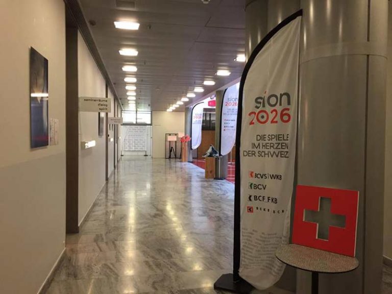 Sion 2026 banners outside Swiss Sport General Assembly Room April 11, 2017 (Swiss Olympic Photo)