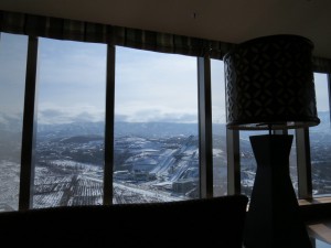 Looking South from the Almaty Ritz Carlton, the Sunkar Ski Jump (centre) is among 8 proposed Almaty 2022 venues viewable from this 30th floor window (GamesBids Photo)
