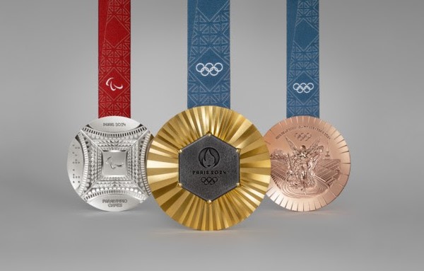 Paris 2024 Olympic and Paralympic medals revealed February 7, 2024 contain original fragments of the Eiffel Tower. (L to R) Paralympic silver, Olympic gold obverse, Olympic bronze (Paris 2024 image)