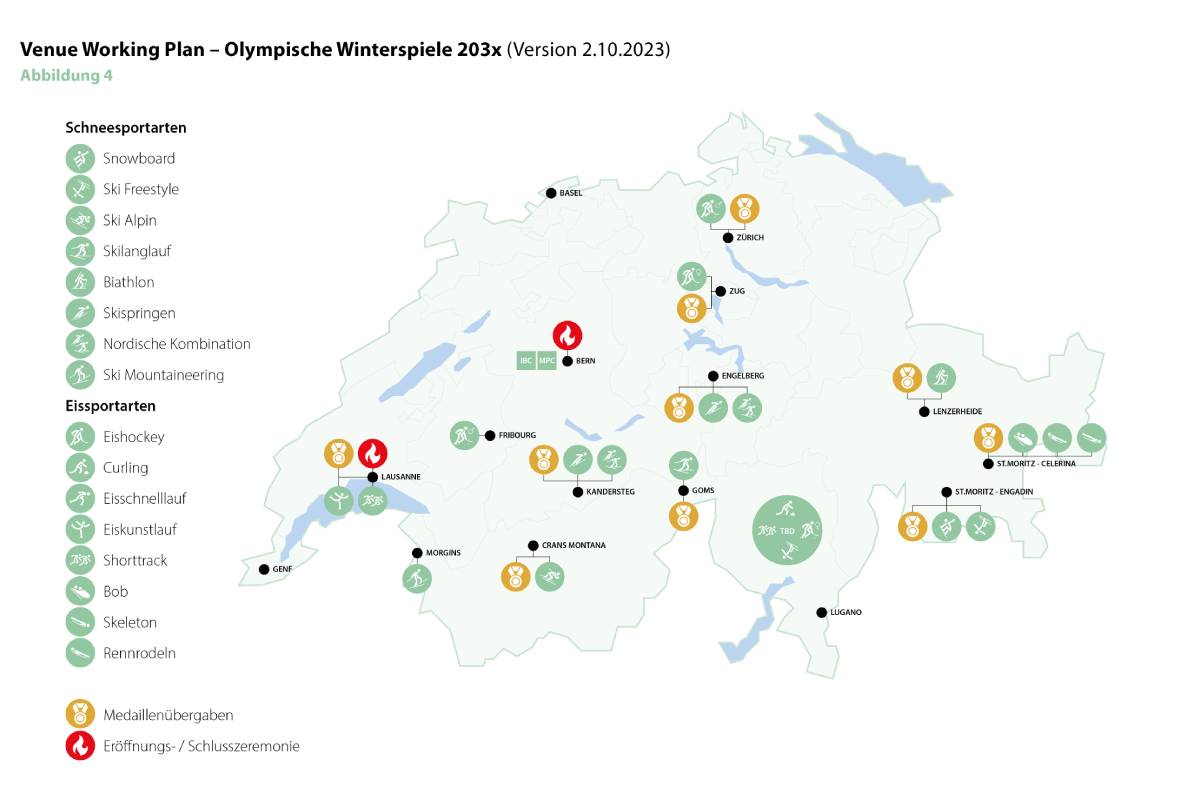 Switzerland Winter Olympics working venue plan as of October 18, 2023 (Source: Swiss Olympic)